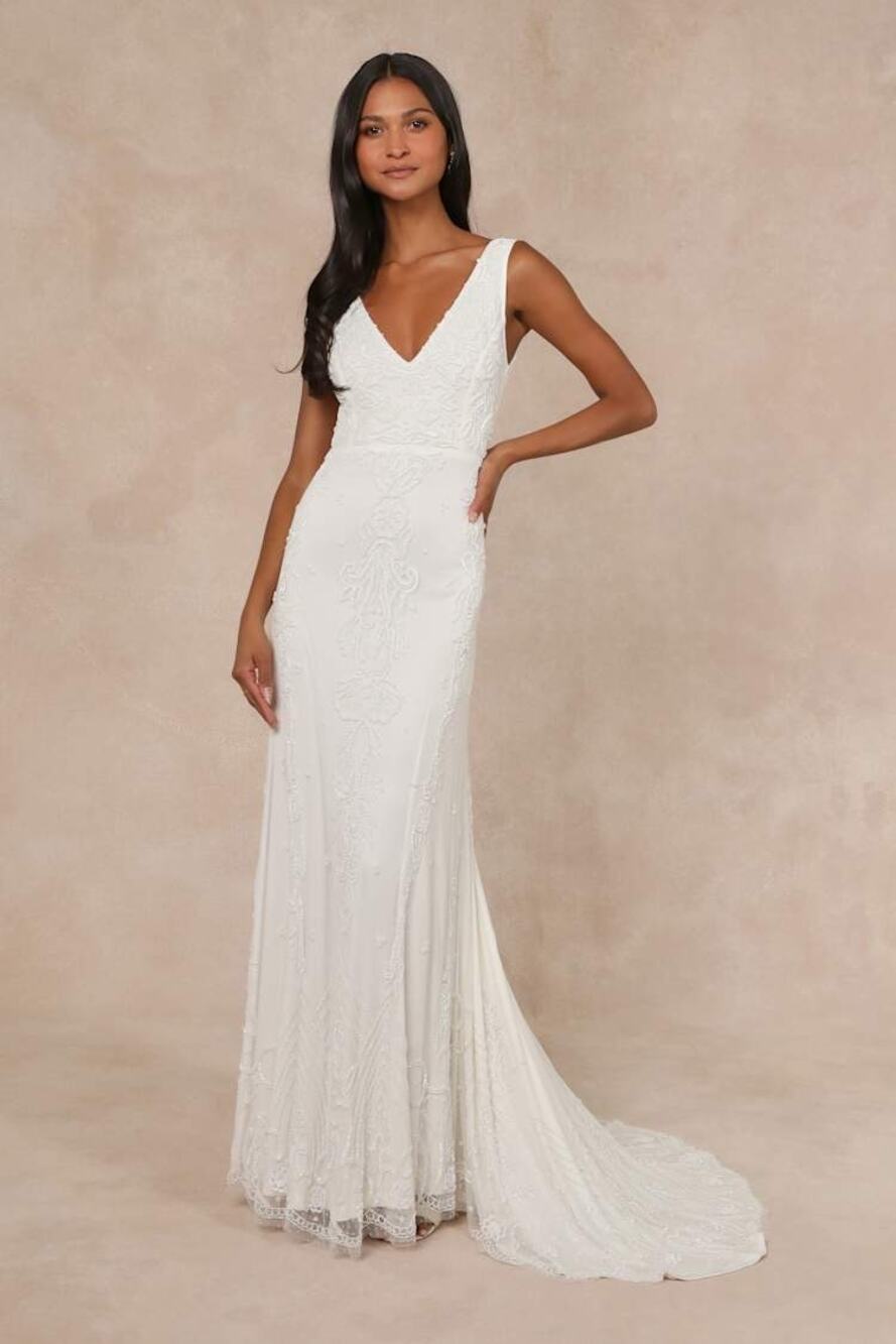 New Lulus Passionate White Beaded Sequin Mermaid Maxi Dress Size XL MSRP $318